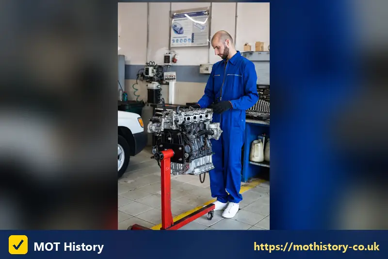 Mechanic holding an engine on a stand in a workshop - check car fuel economy