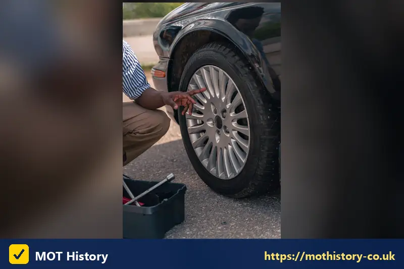 Person checking a car wheel and tyre - mot test today