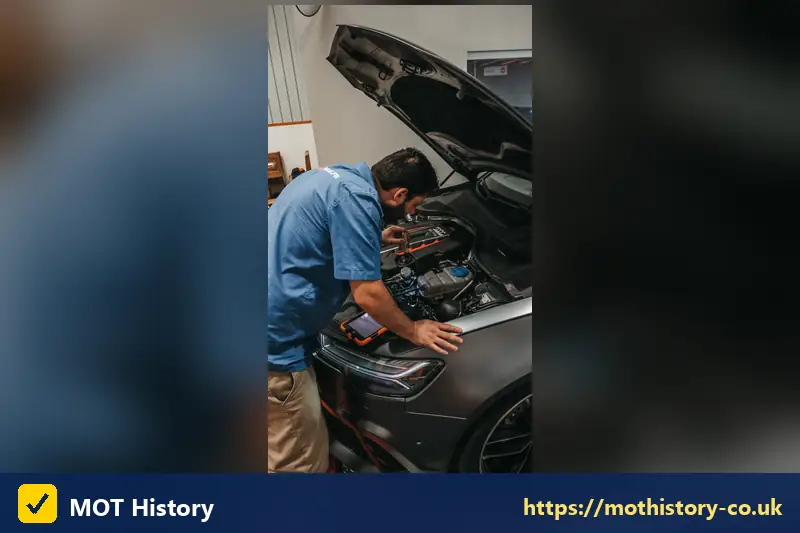 Mechanic checking a car engine with a diagnostic tool - vehicle mileage check free